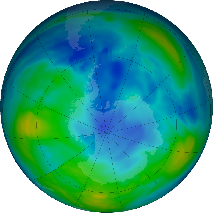 Antarctic ozone map for 31 May 2020